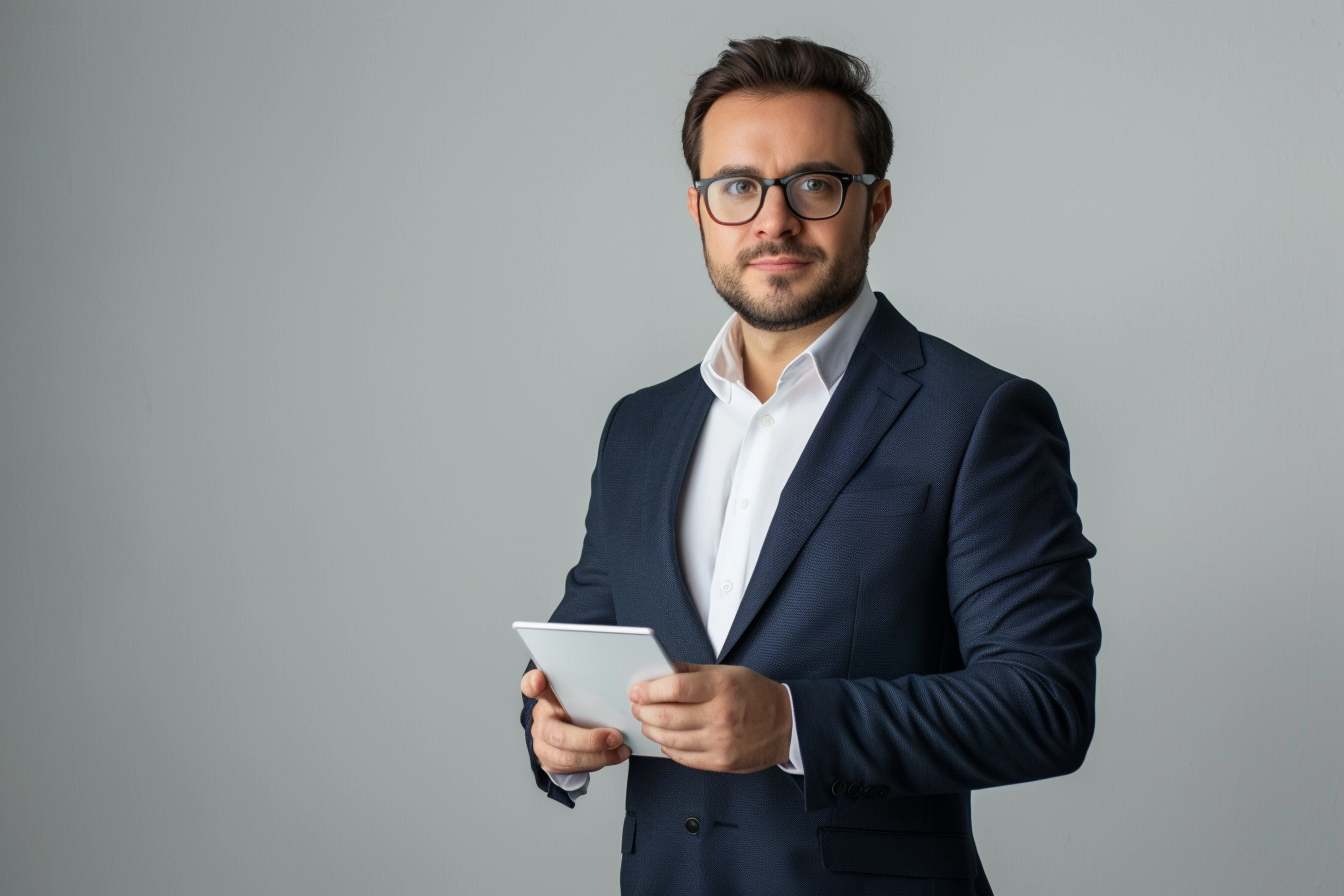 Image gratuite Portrait d&rsquo;un commercial en costume, fond gris 1