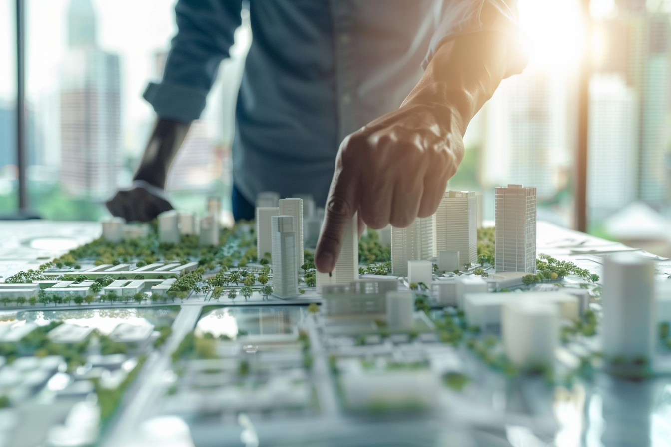 Image gratuite Portrait d&rsquo;un urbaniste examinant des plans d&rsquo;architecture durable 1