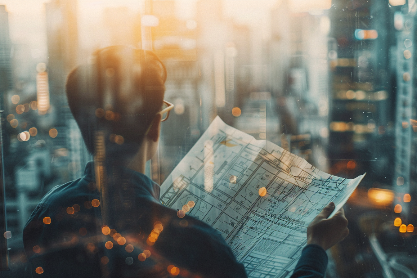 Image gratuite Portrait d&rsquo;un urbaniste examinant des plans d&rsquo;architecture durable 2