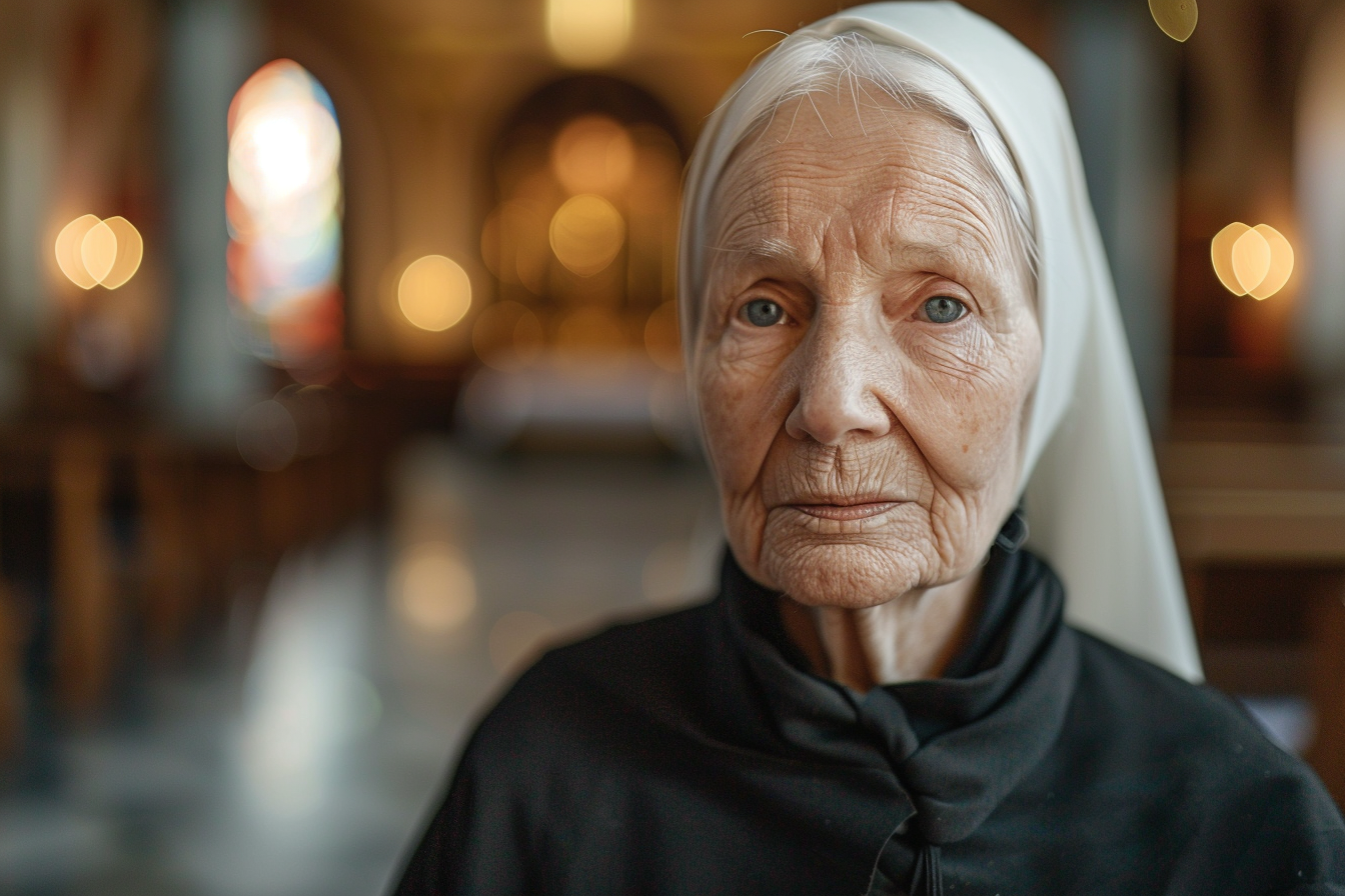 Image gratuite Portrait religieuse âgée, cheveux blancs, yeux bleus, cathédrale 1