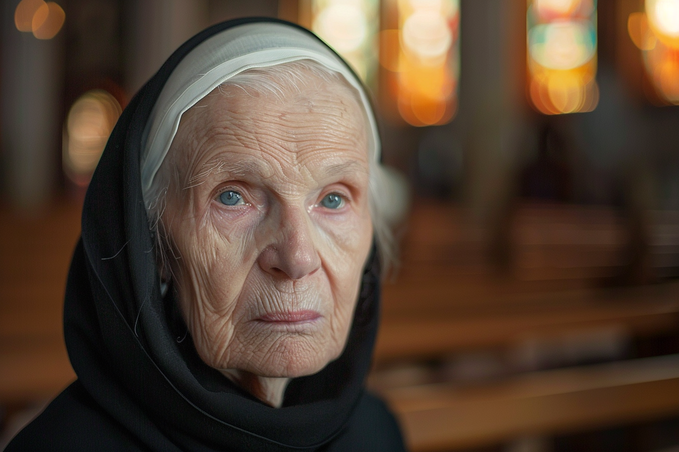 Image gratuite Portrait religieuse âgée, cheveux blancs, yeux bleus, cathédrale 2