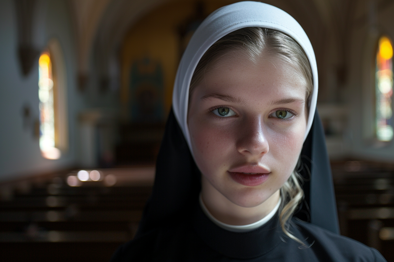Image gratuite Portrait religieuse blonde, yeux verts, chapelle éclairée 1