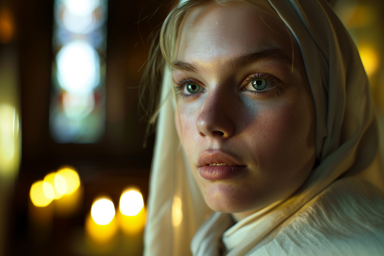 Image gratuite Portrait religieuse blonde, yeux verts, chapelle éclairée 2