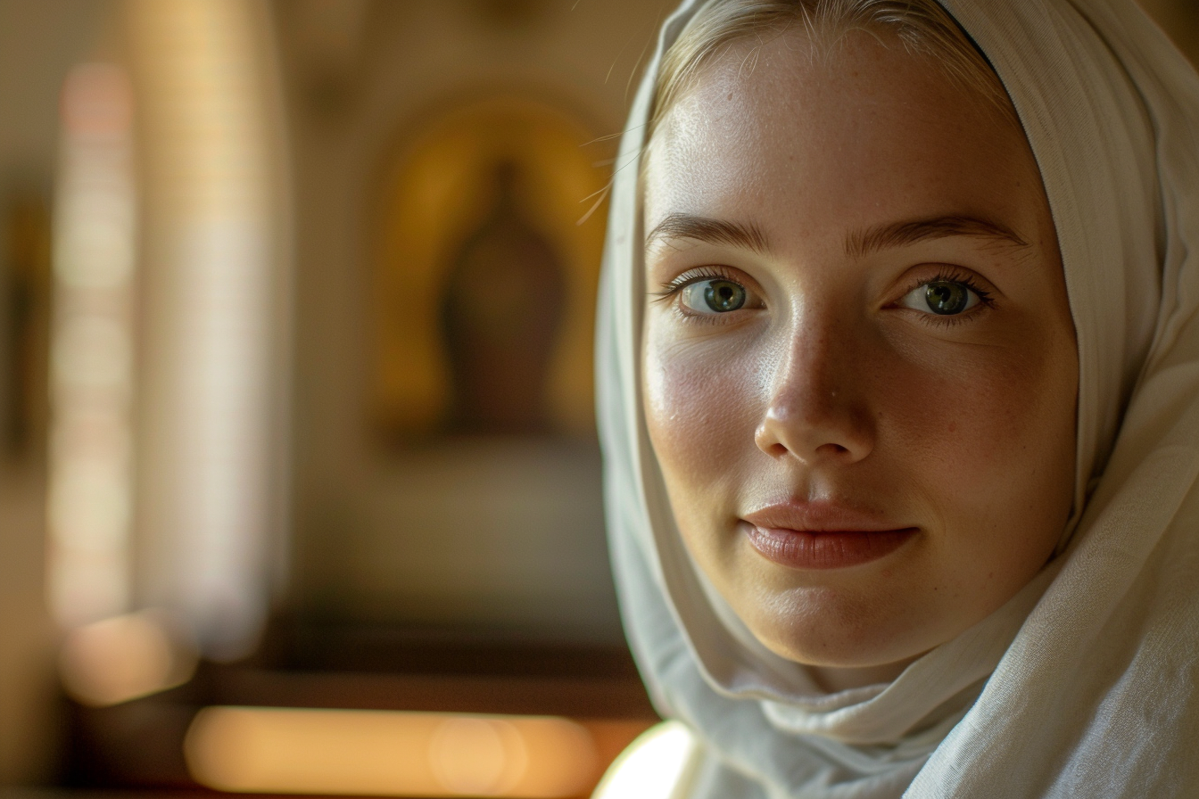 Image gratuite Portrait religieuse blonde, yeux verts, chapelle éclairée 3