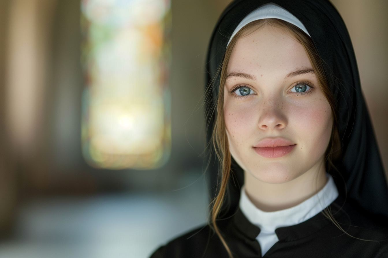 Image gratuite Portrait religieuse brune, yeux bleus, couvent éclairé 1