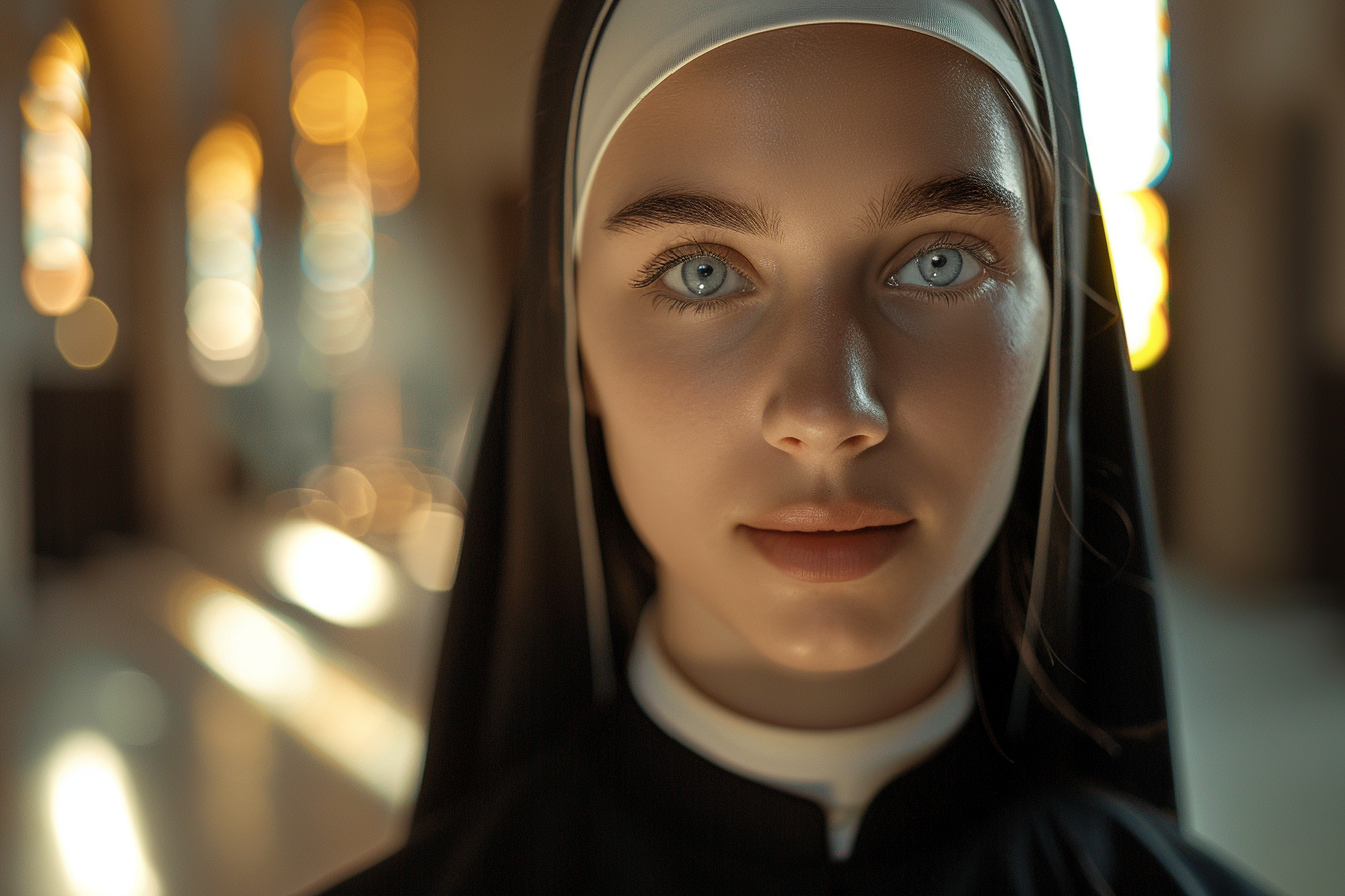 Image gratuite Portrait religieuse brune, yeux bleus, couvent éclairé 2