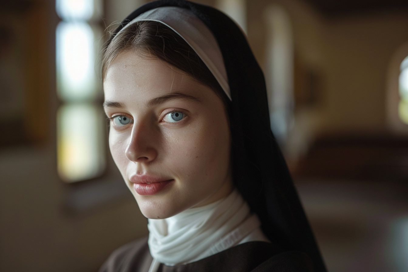 Image gratuite Portrait religieuse brune, yeux bleus, couvent éclairé 3