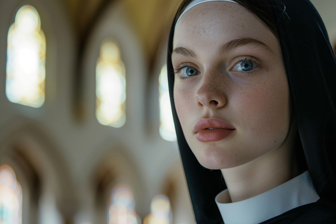 Image gratuite Portrait religieuse brune, yeux bleus, couvent éclairé 4