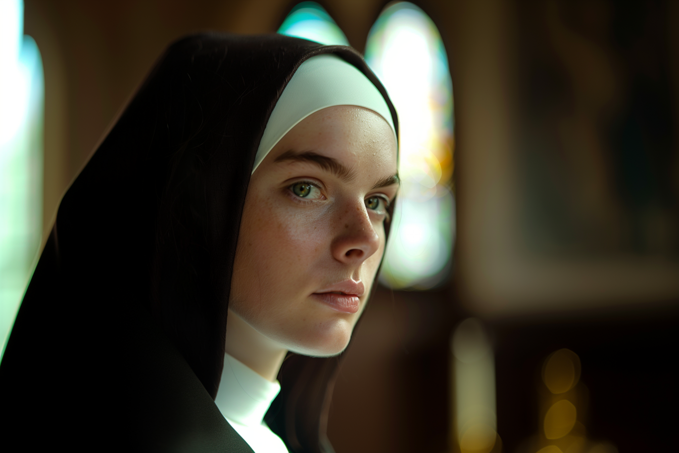 Image gratuite Portrait religieuse brune, yeux bleus, couvent éclairé 6