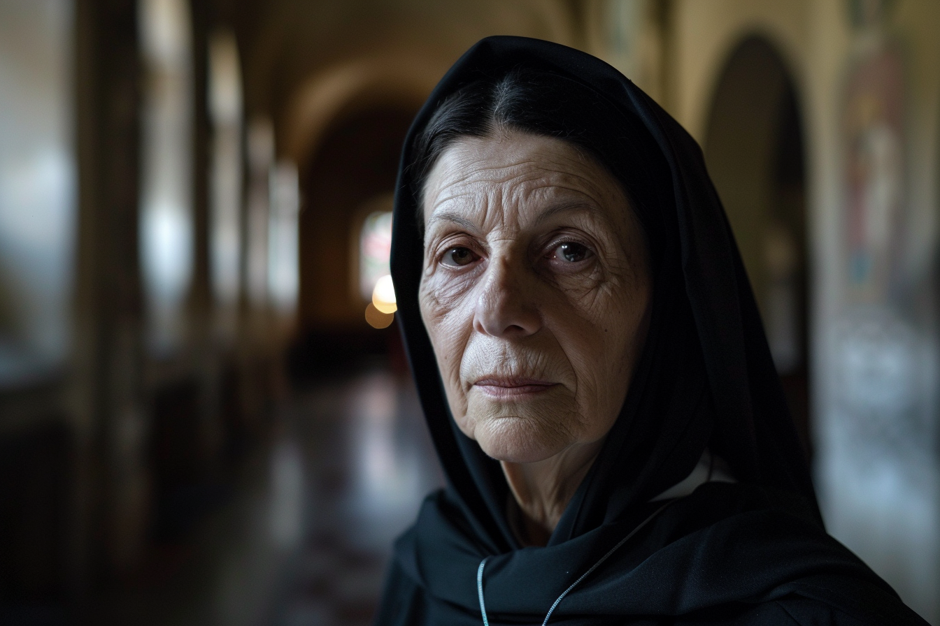 Image gratuite Portrait religieuse brune, yeux marrons, abbaye éclairée 1
