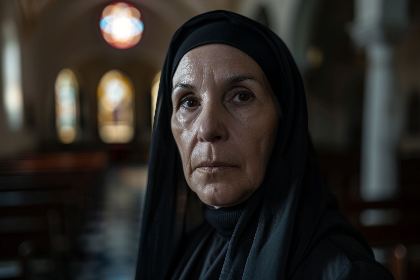 Image gratuite Portrait religieuse brune, yeux marrons, abbaye éclairée 2