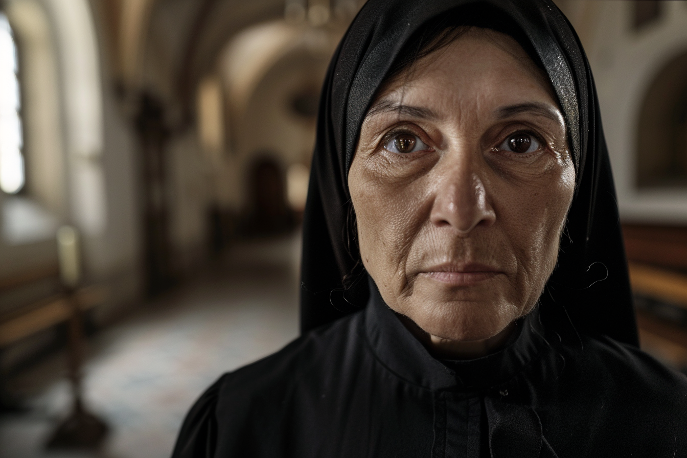 Image gratuite Portrait religieuse brune, yeux marrons, abbaye éclairée 3