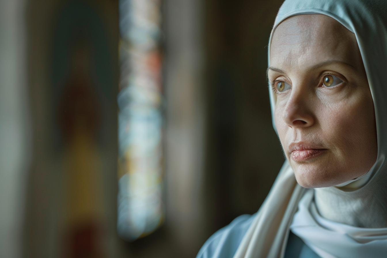 Image gratuite Portrait religieuse brune, yeux marrons, couvent paisible 1