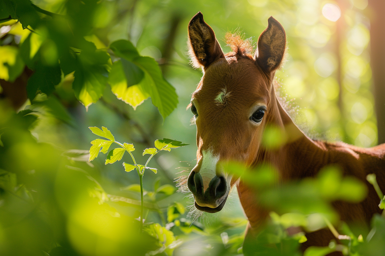 Image gratuite Poulain explorant forêt ensoleillée 1