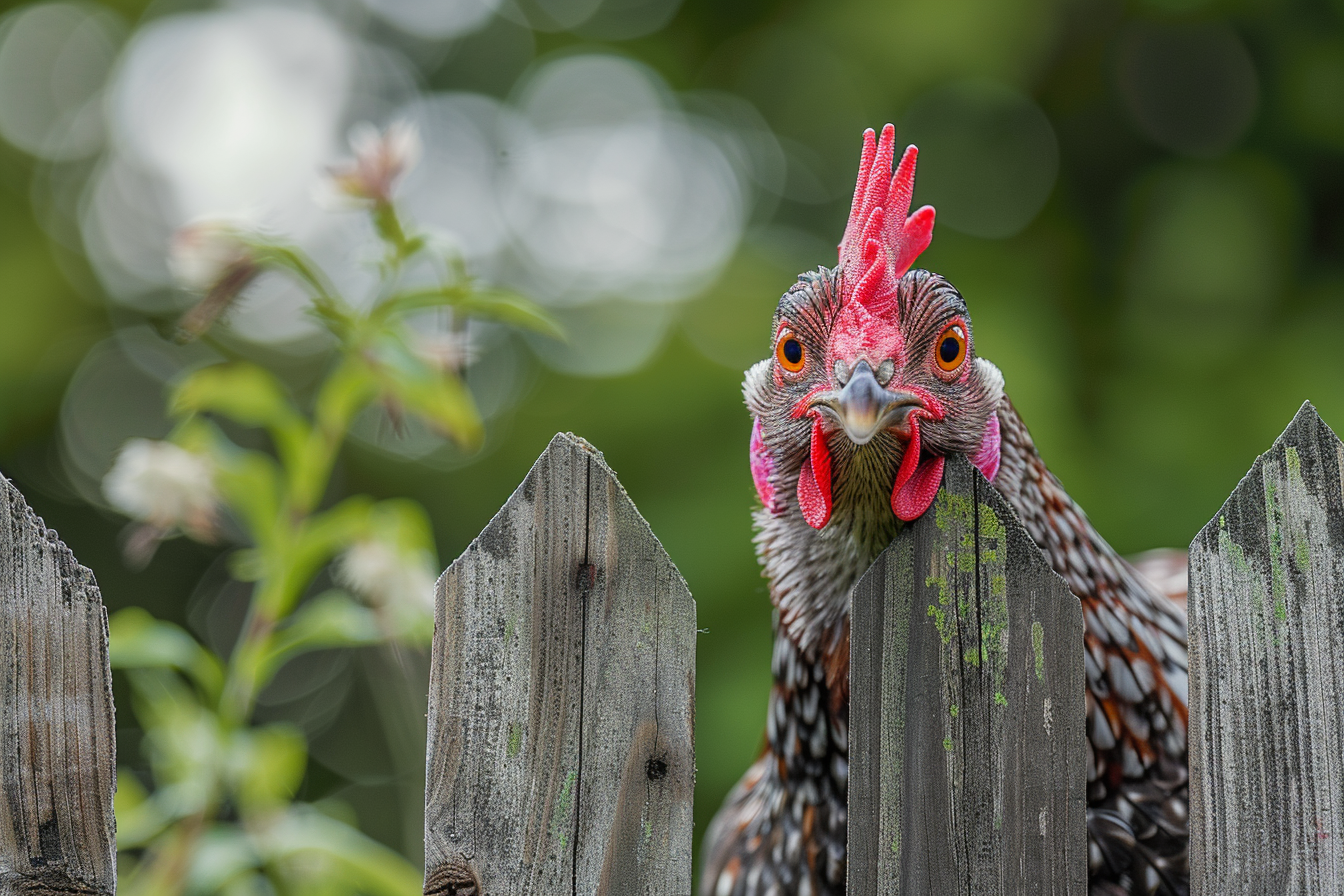 Image gratuite Poule curieuse sur clôture 1