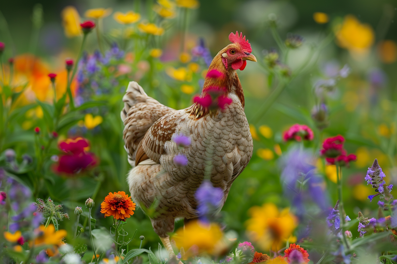 Image gratuite Poule dans champ de fleurs sauvages 4