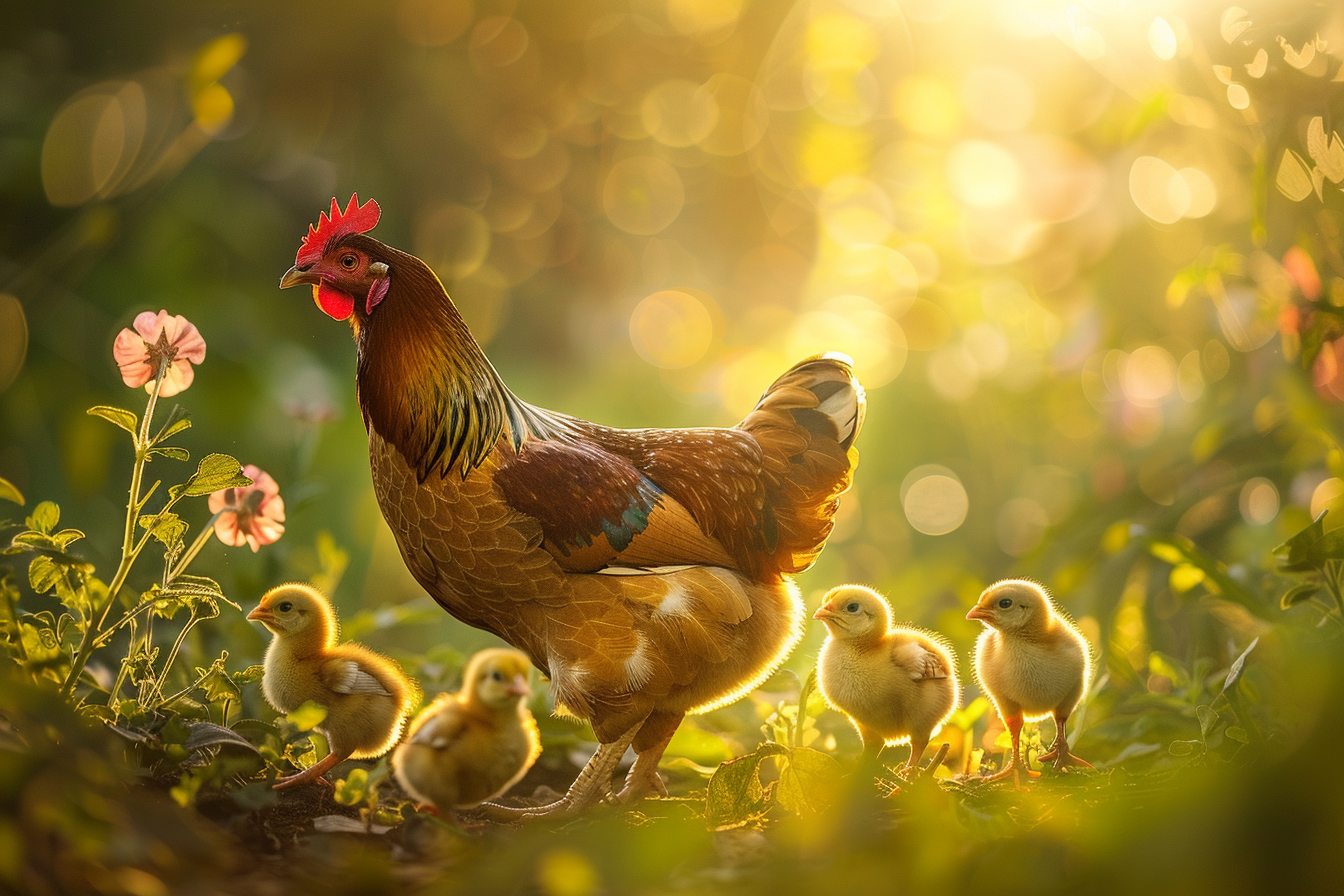 Image gratuite Poule et poussins dans jardin ensoleillé 1