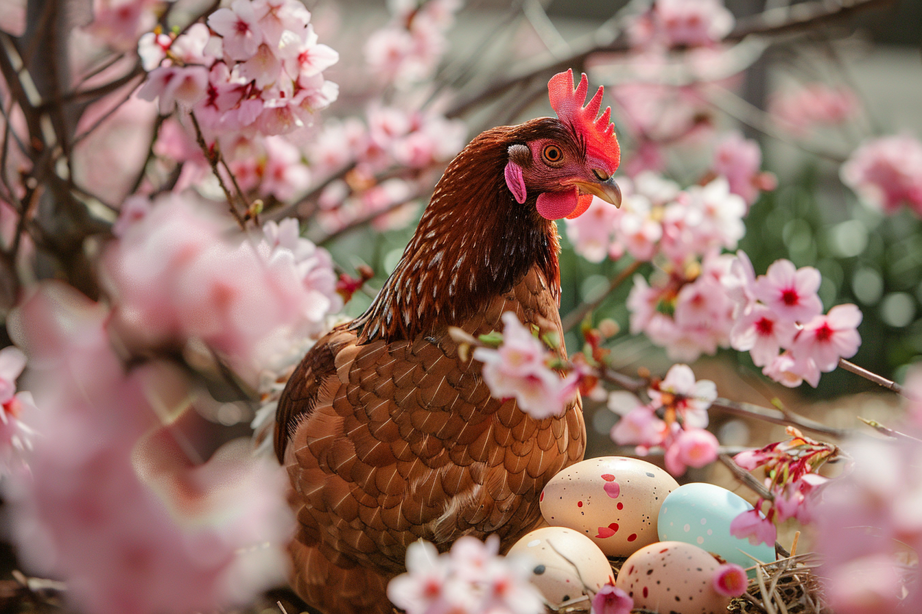 Image gratuite Poule, œufs, cerisier fleuri 1