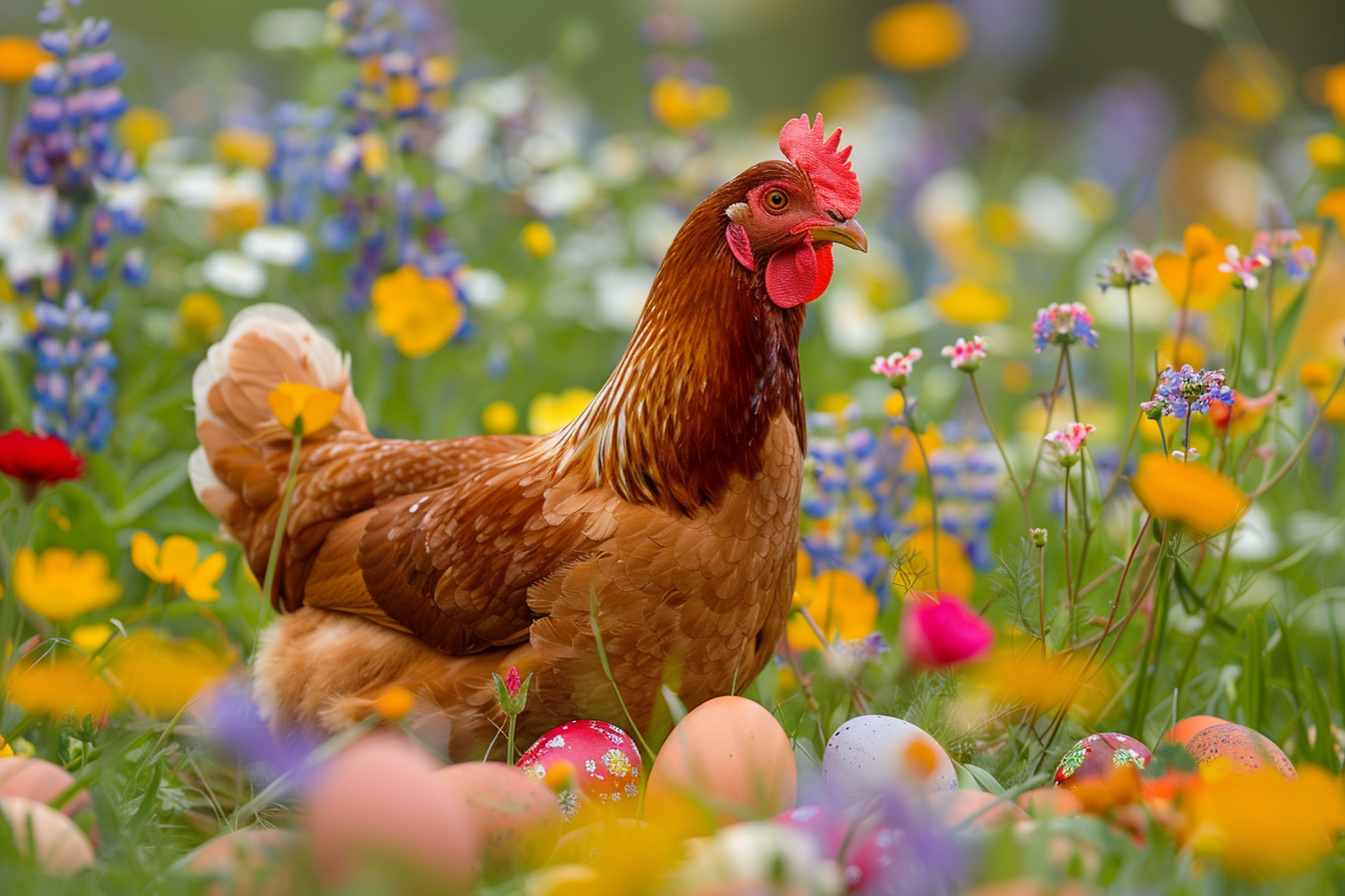 Image gratuite Poule, œufs, champ fleurs sauvages colorées 1