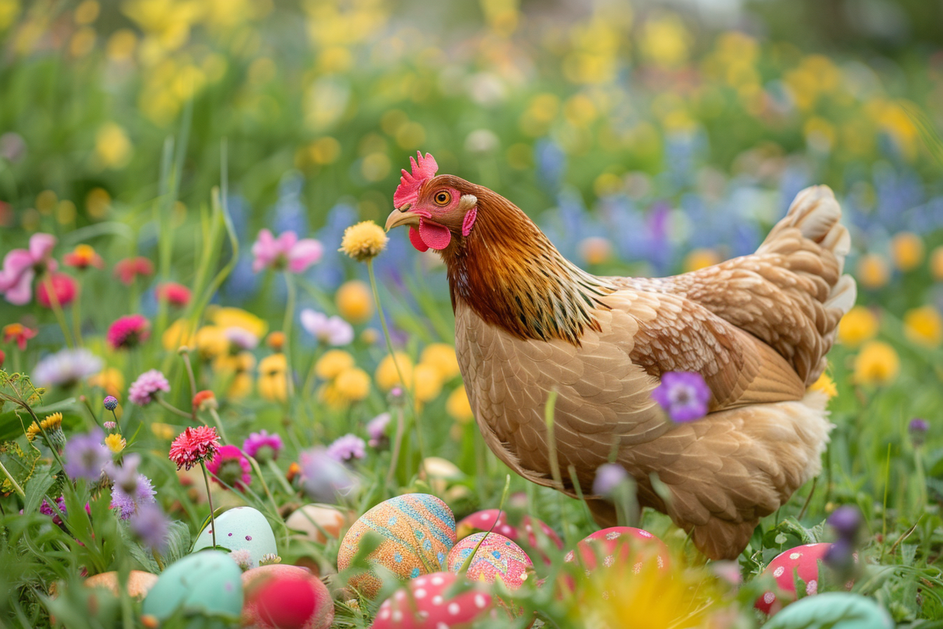 Image gratuite Poule, œufs, champ fleurs sauvages colorées 2