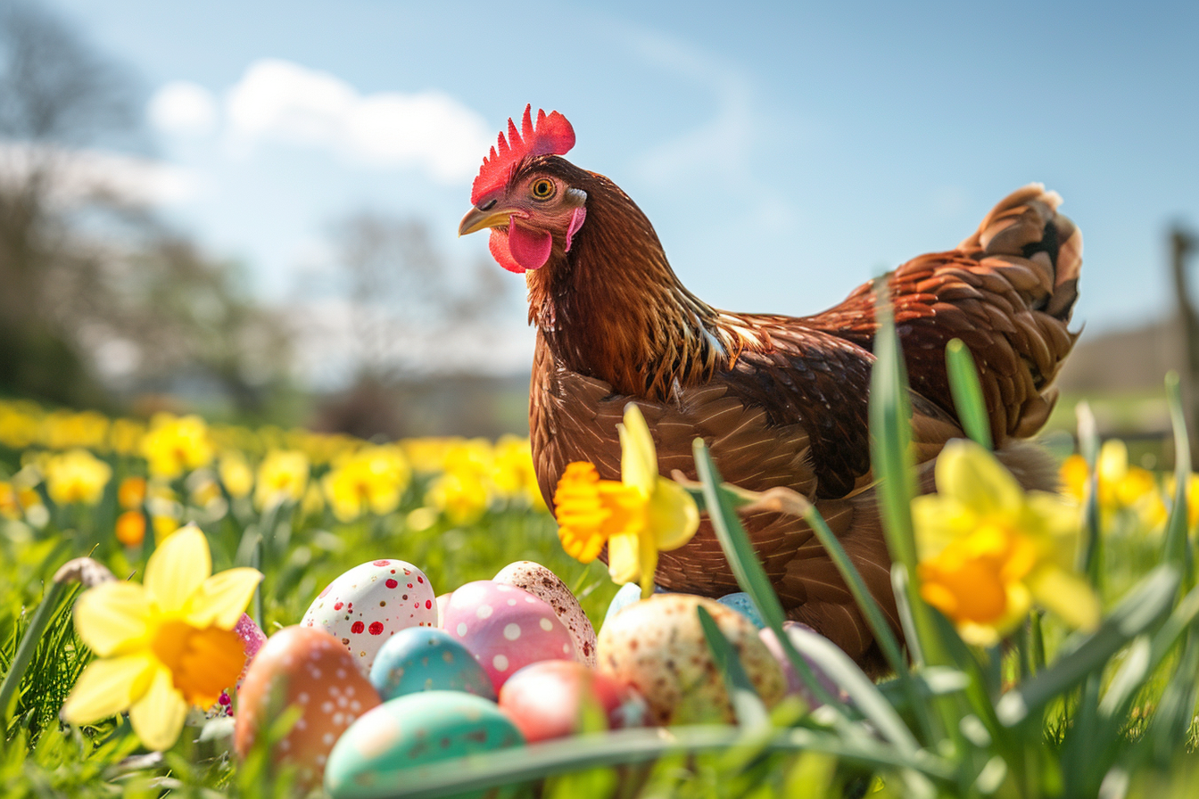 Image gratuite Poule, œufs, champ jonquilles ensoleillé 1