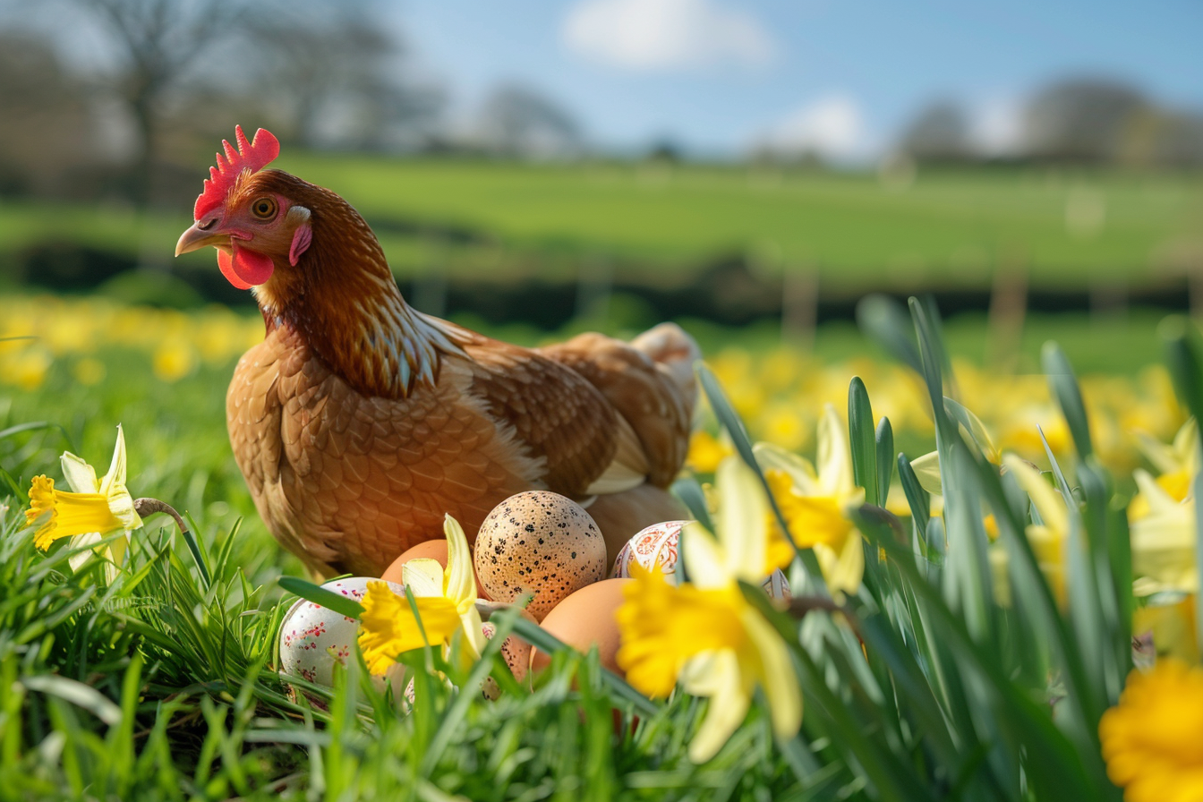 Image gratuite Poule, œufs, champ jonquilles ensoleillé 2