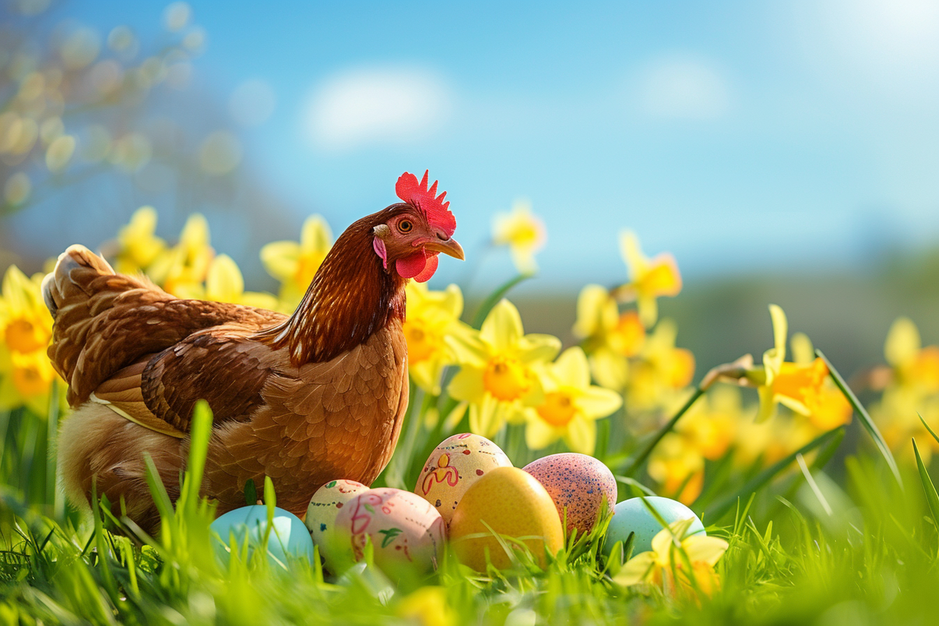 Image gratuite Poule, œufs, champ jonquilles ensoleillé 3