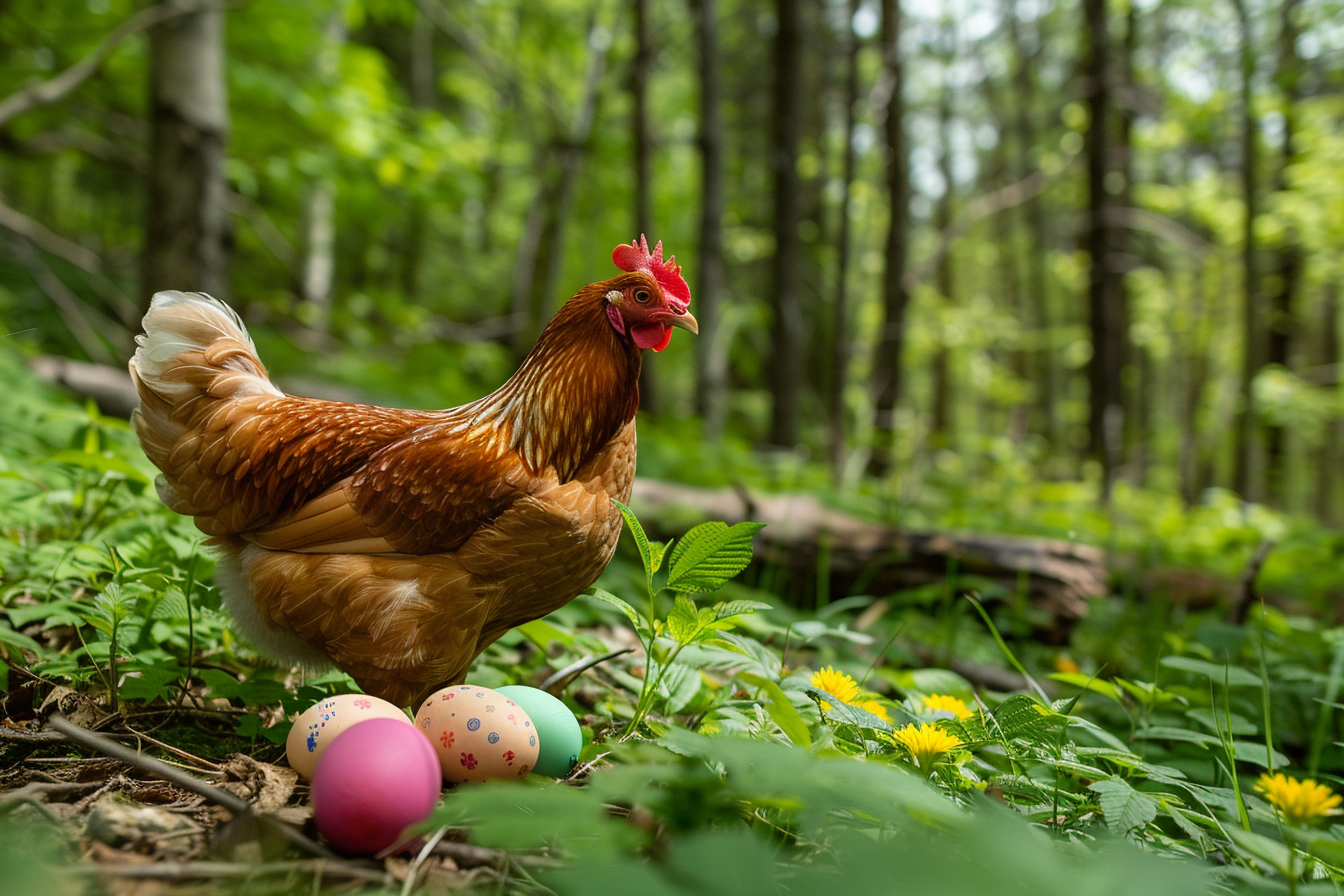 Image gratuite Poule, œufs, clairière verdoyante 1