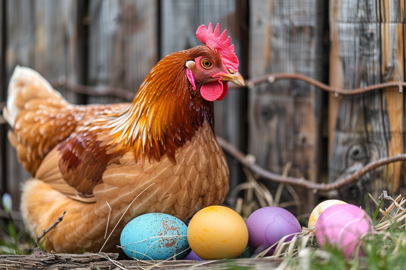 Image gratuite Poule, œufs colorés, clôture bois rustique 1