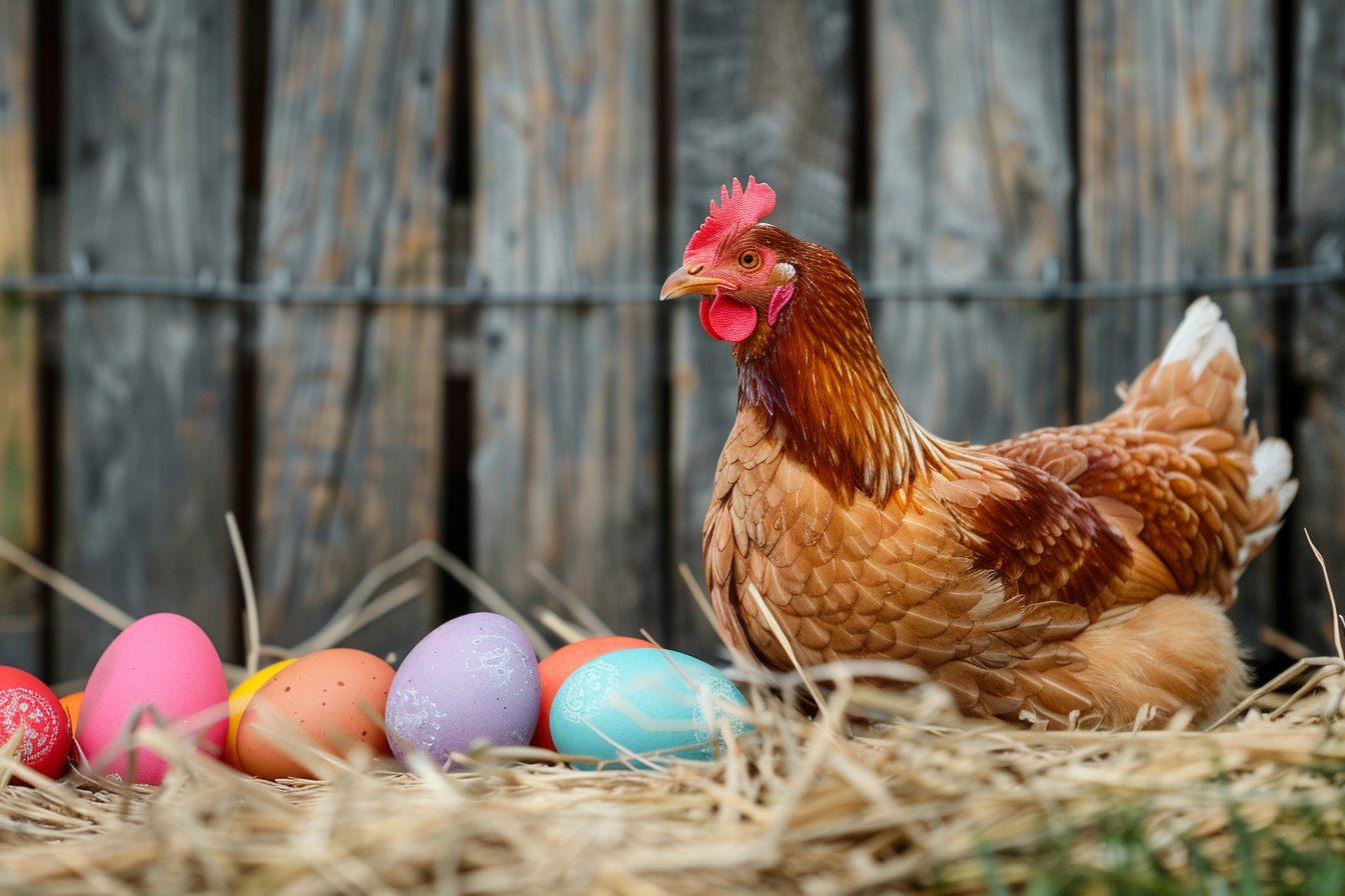 Image gratuite Poule, œufs colorés, clôture bois rustique 2