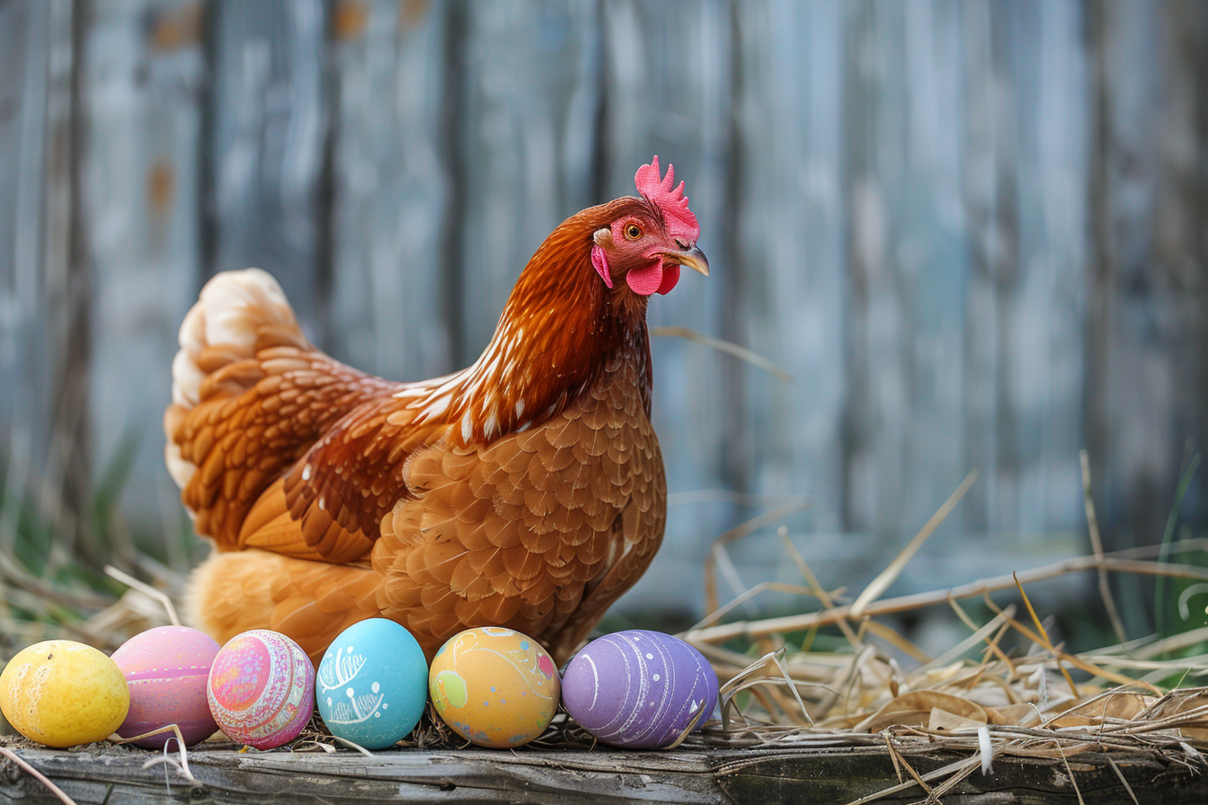 Image gratuite Poule, œufs colorés, clôture bois rustique 3