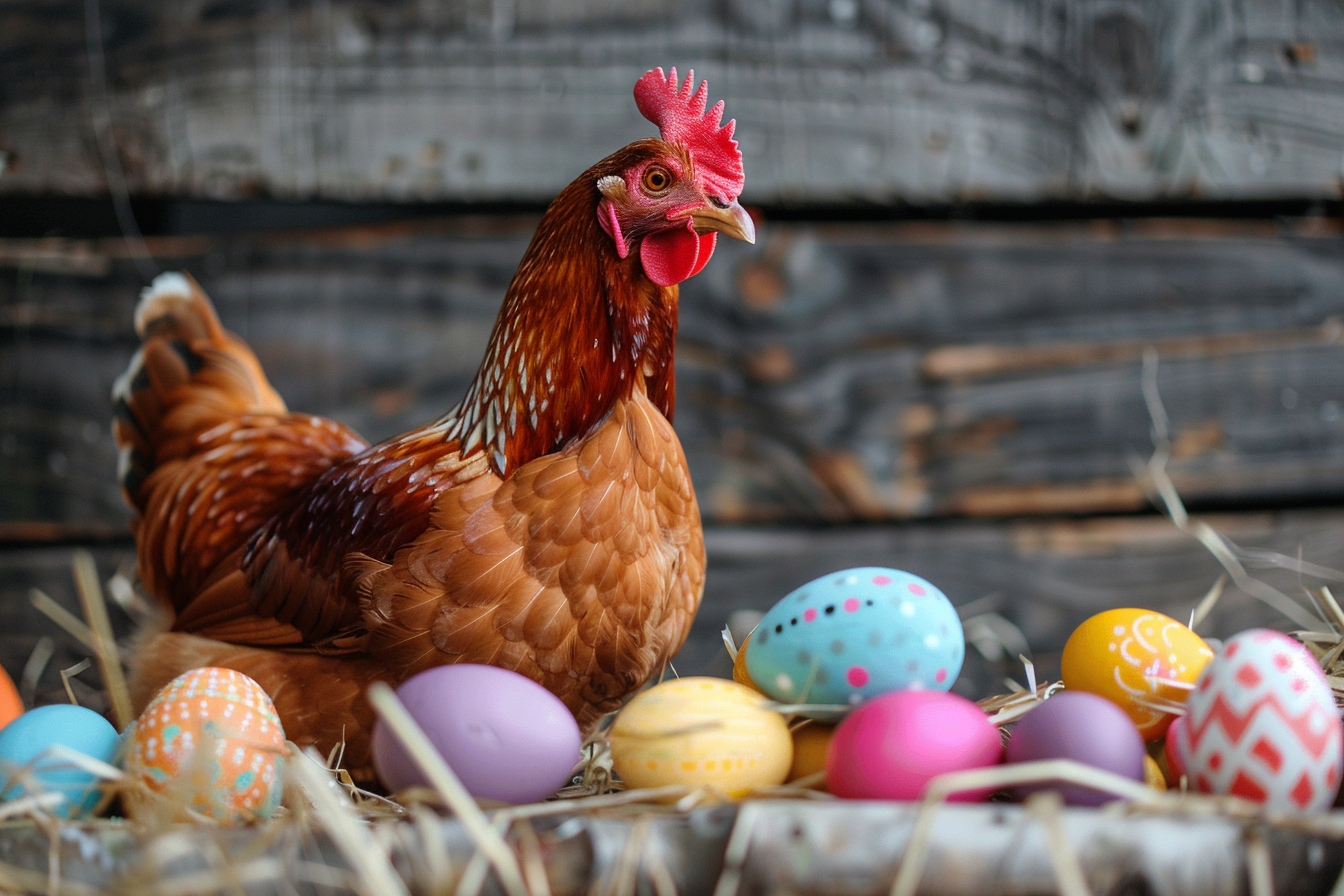 Image gratuite Poule, œufs colorés, clôture bois rustique 4