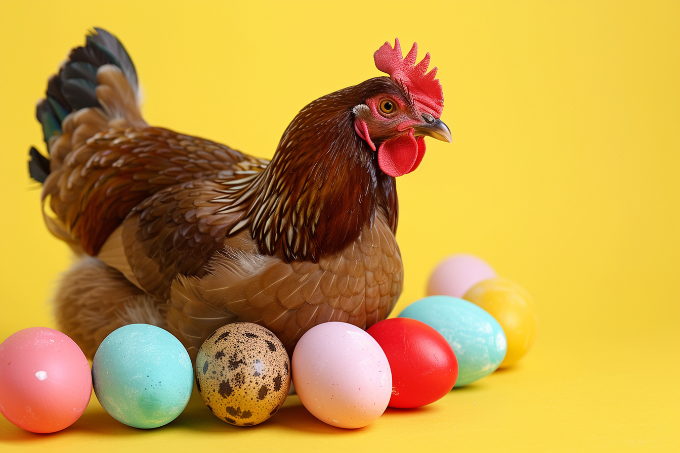 Image gratuite Poule, œufs, fond jaune vibrant 1