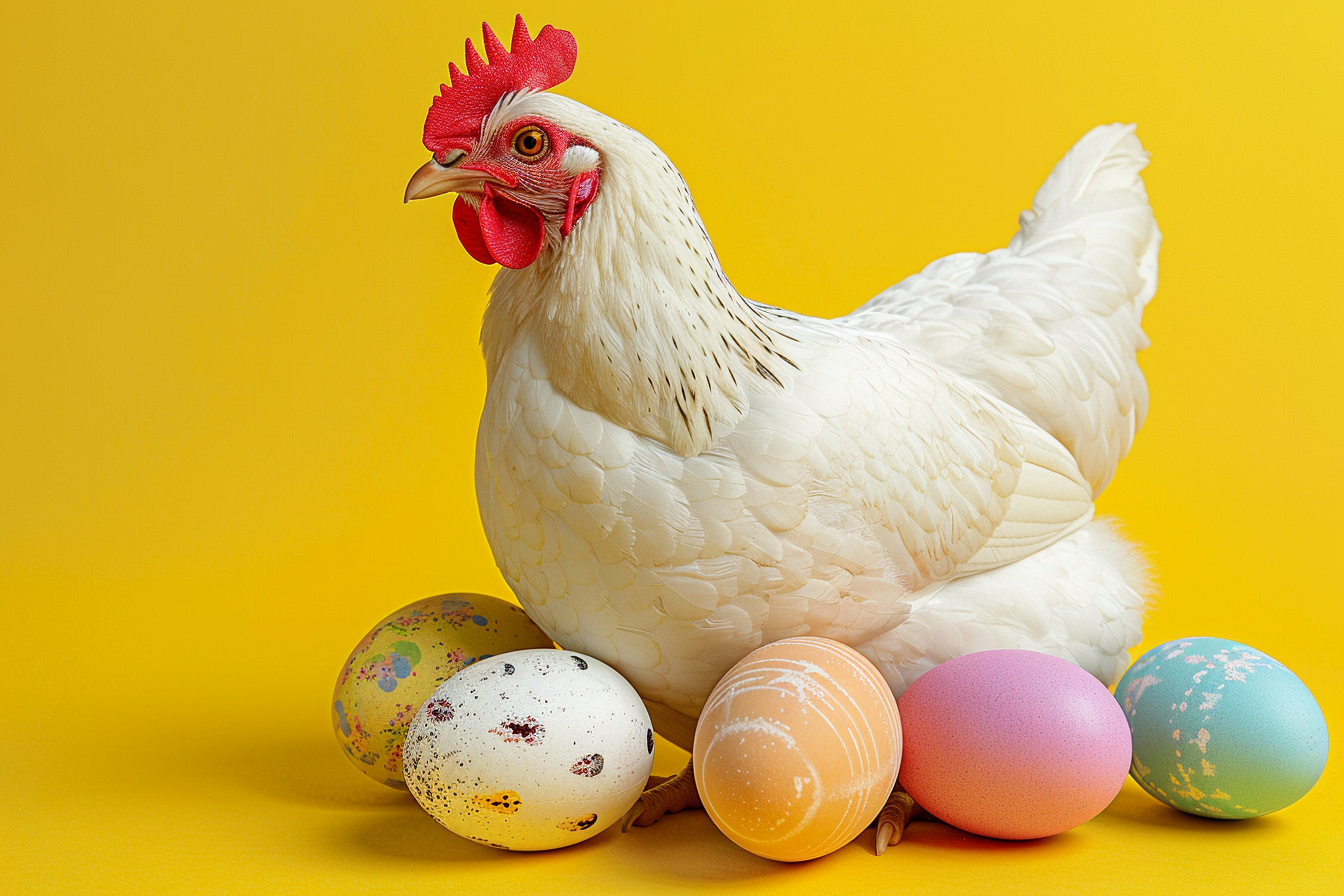 Image gratuite Poule, œufs, fond jaune vibrant 2