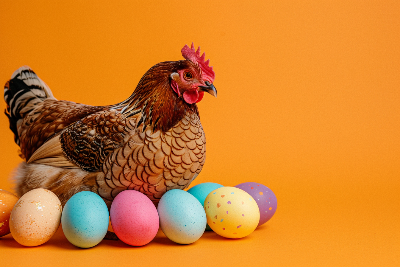 Image gratuite Poule, œufs, fond orange 1