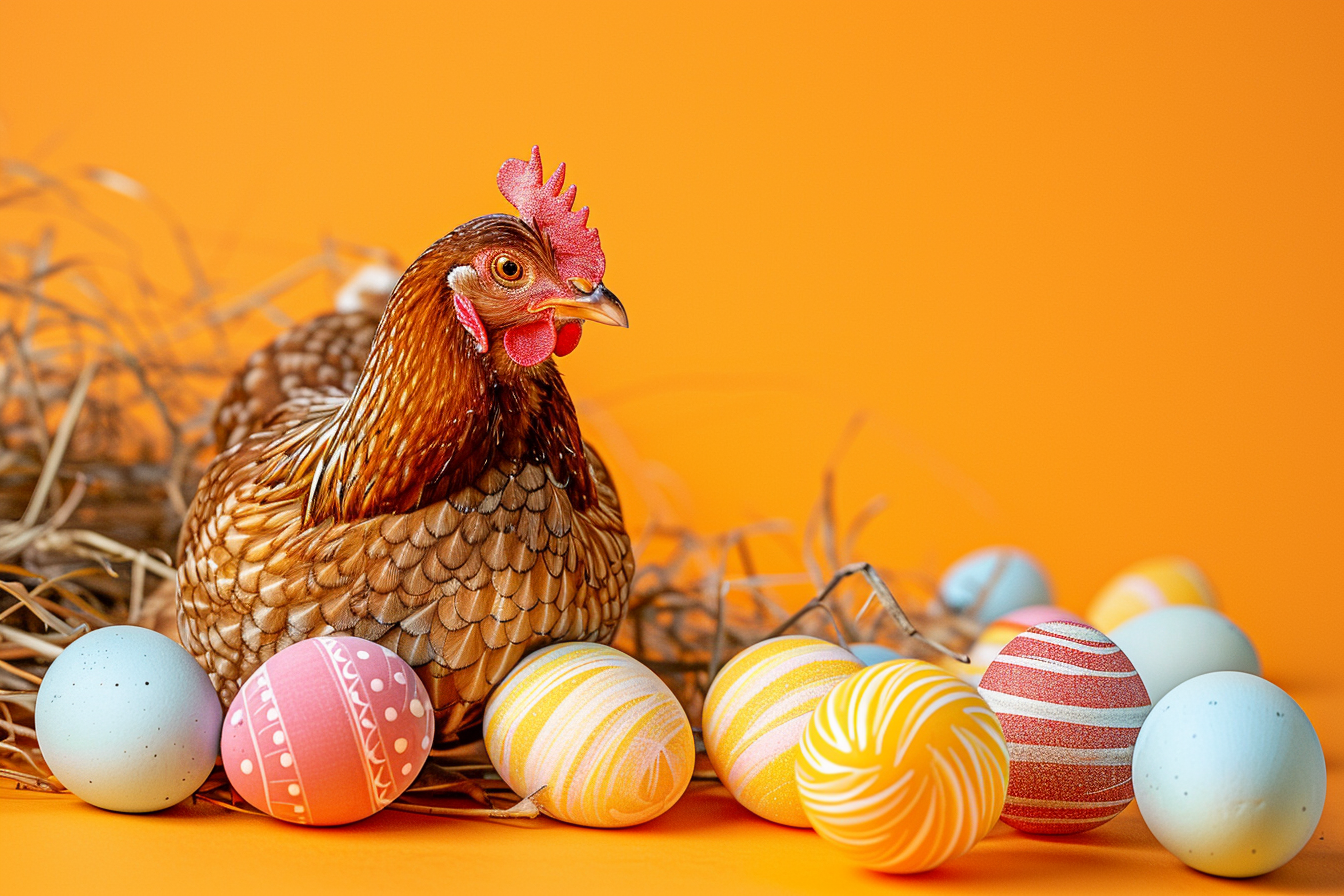 Image gratuite Poule, œufs, fond orange 2