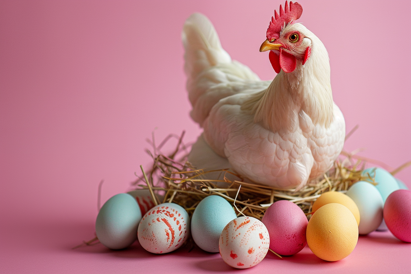 Image gratuite Poule, œufs, fond rose pastel 1