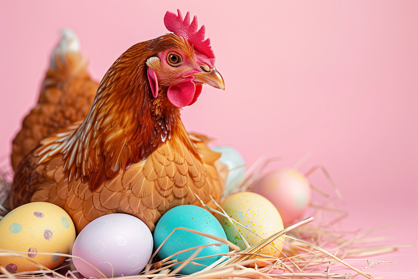 Image gratuite Poule, œufs, fond rose pastel 2
