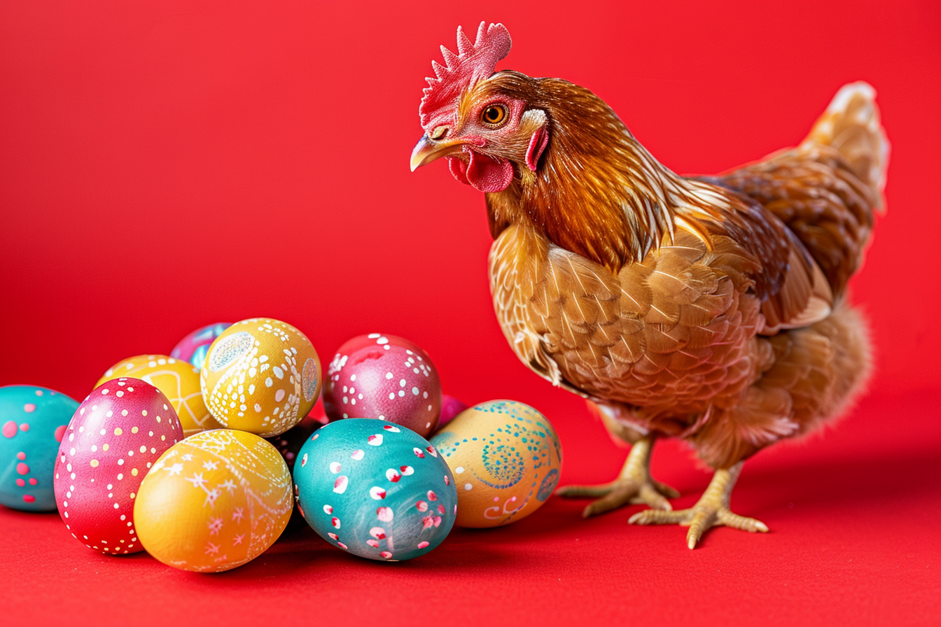 Image gratuite Poule, œufs, fond rouge 1