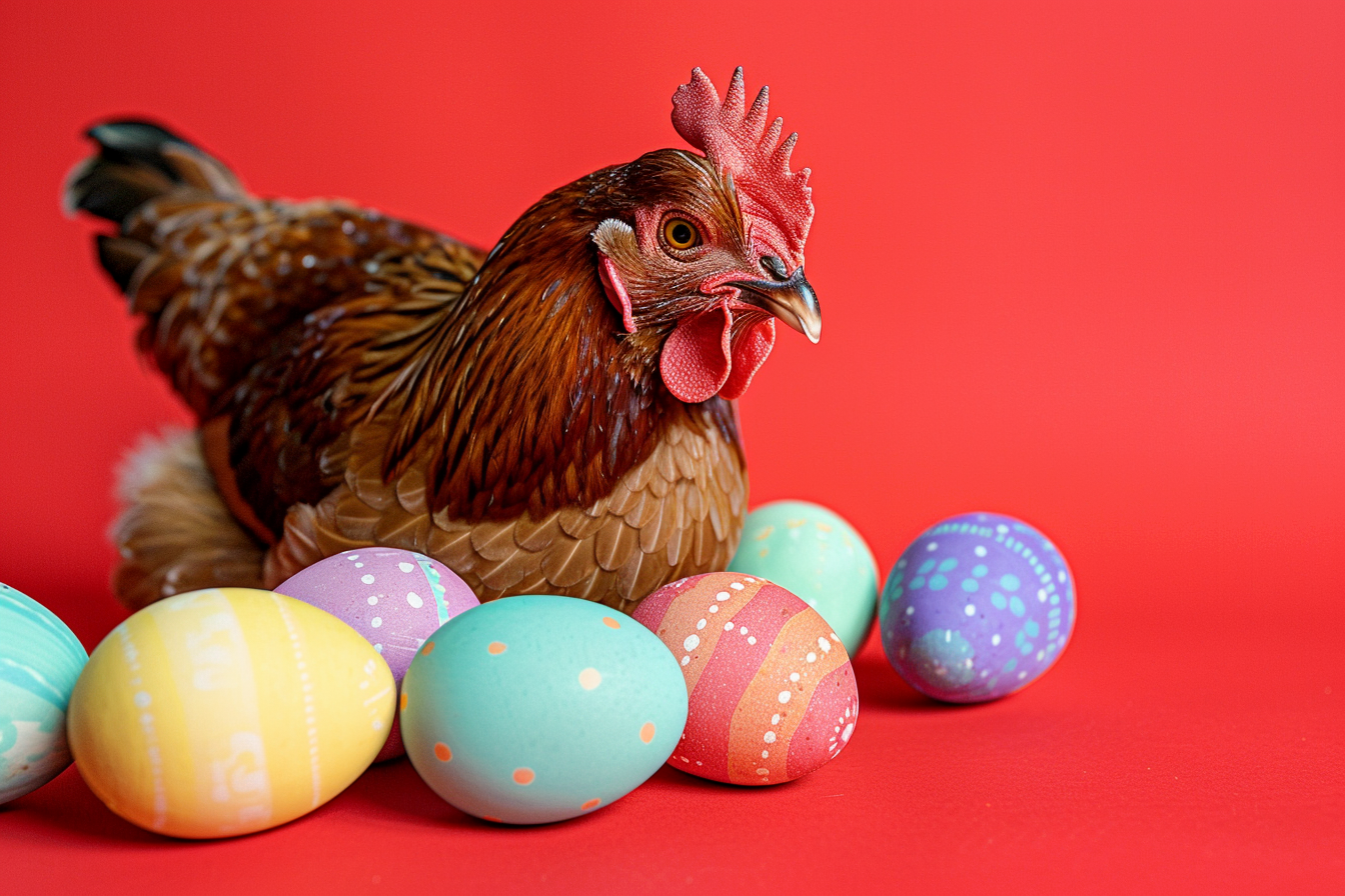 Image gratuite Poule, œufs, fond rouge 5