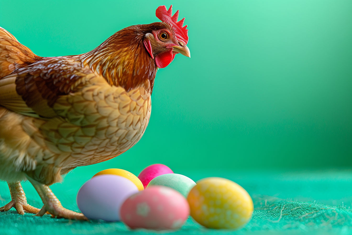 Image gratuite Poule, œufs, fond vert vif 1