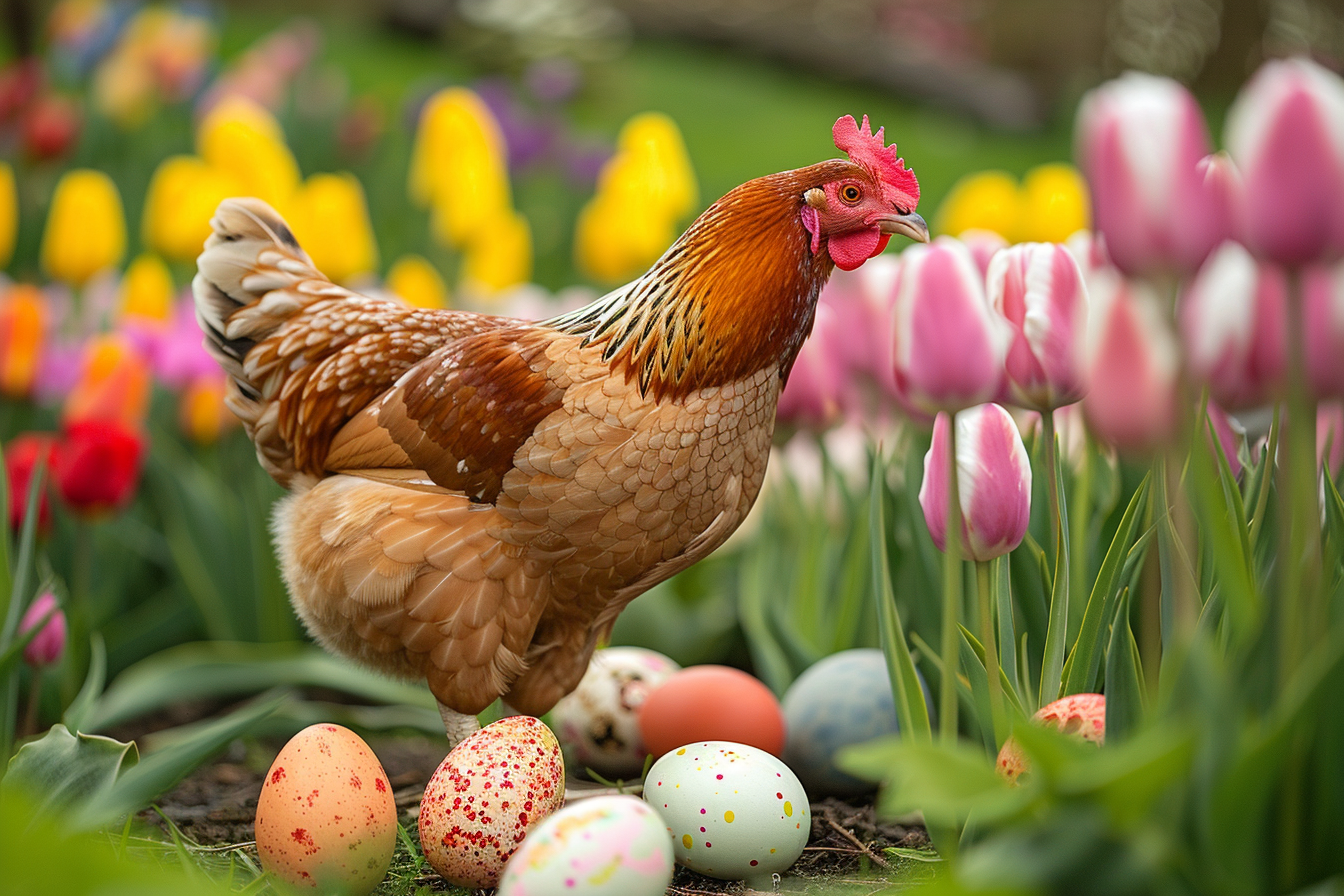 Image gratuite Poule, œufs, jardin tulipes vibrantes 1
