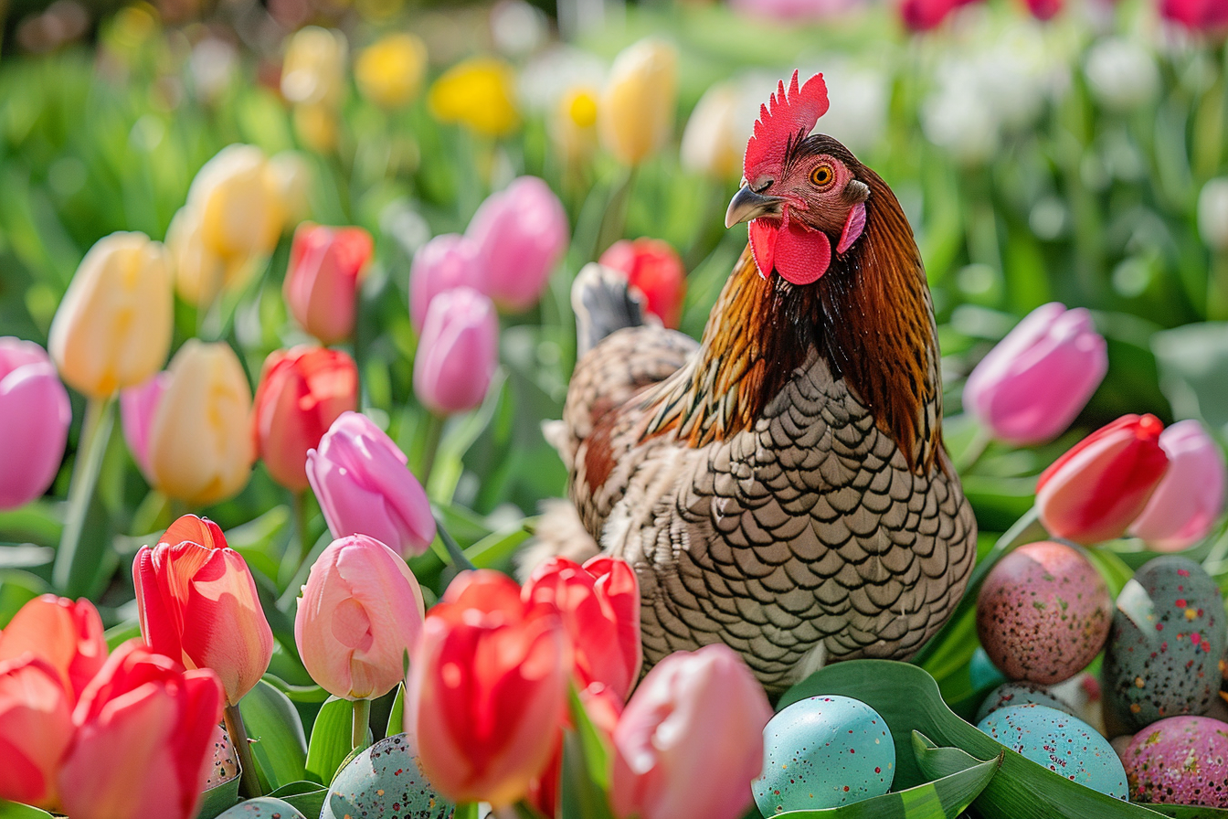 Image gratuite Poule, œufs, jardin tulipes vibrantes 2