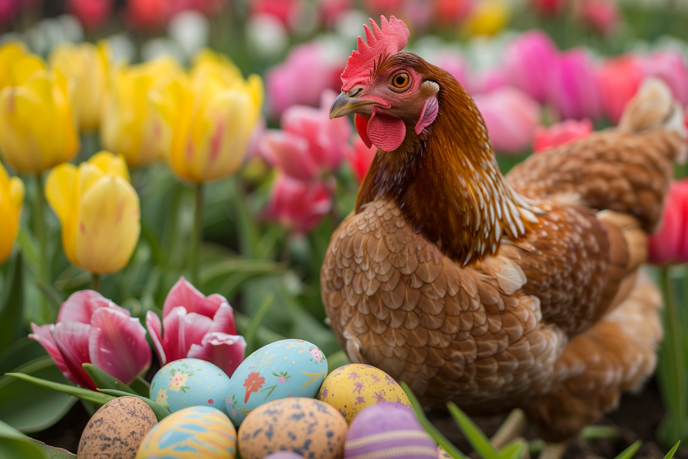 Image gratuite Poule, œufs, jardin tulipes vibrantes 3