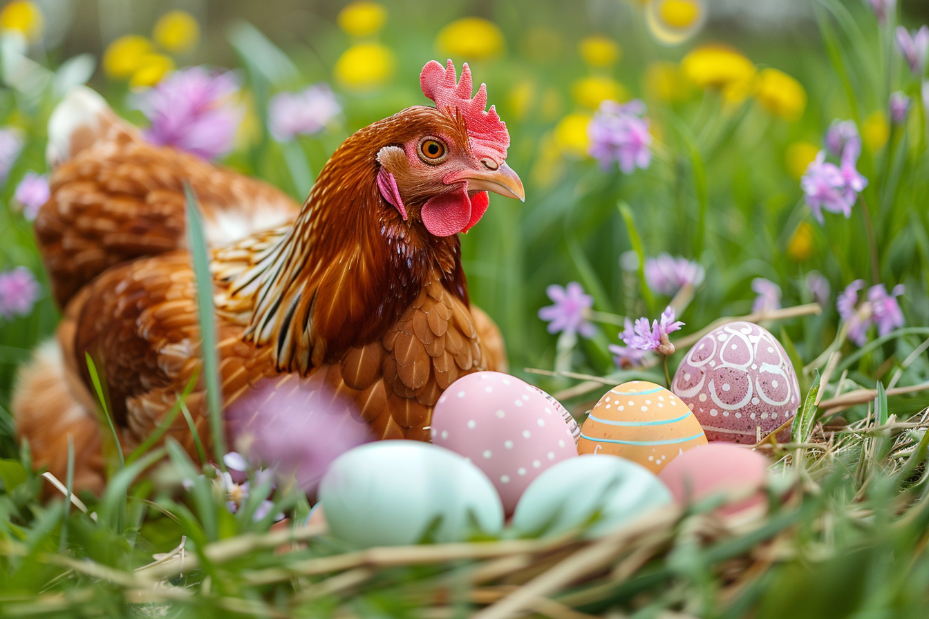 Image gratuite Poule, œufs, prairie fleurs printemps 1