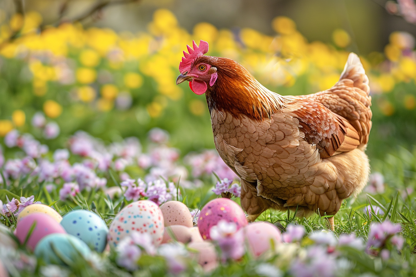Image gratuite Poule, œufs, prairie fleurs printemps 2