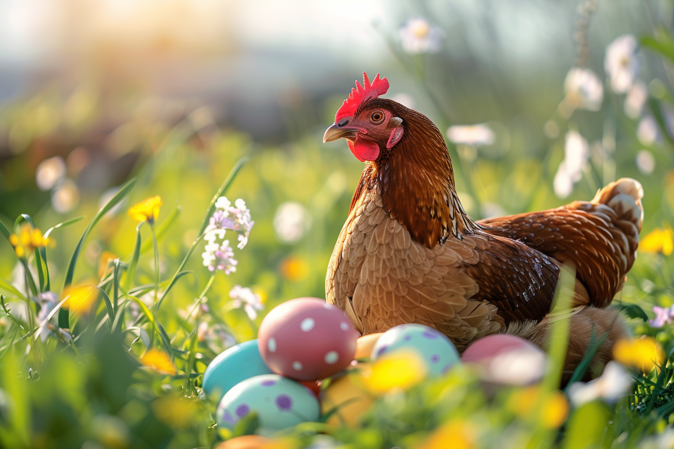 Image gratuite Poule, œufs, prairie fleurs printemps 3