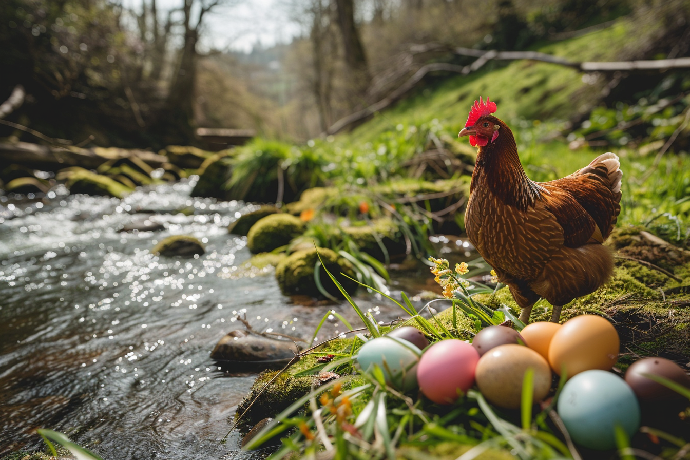 Image gratuite Poule, œufs, ruisseau scintillant, verdure 1