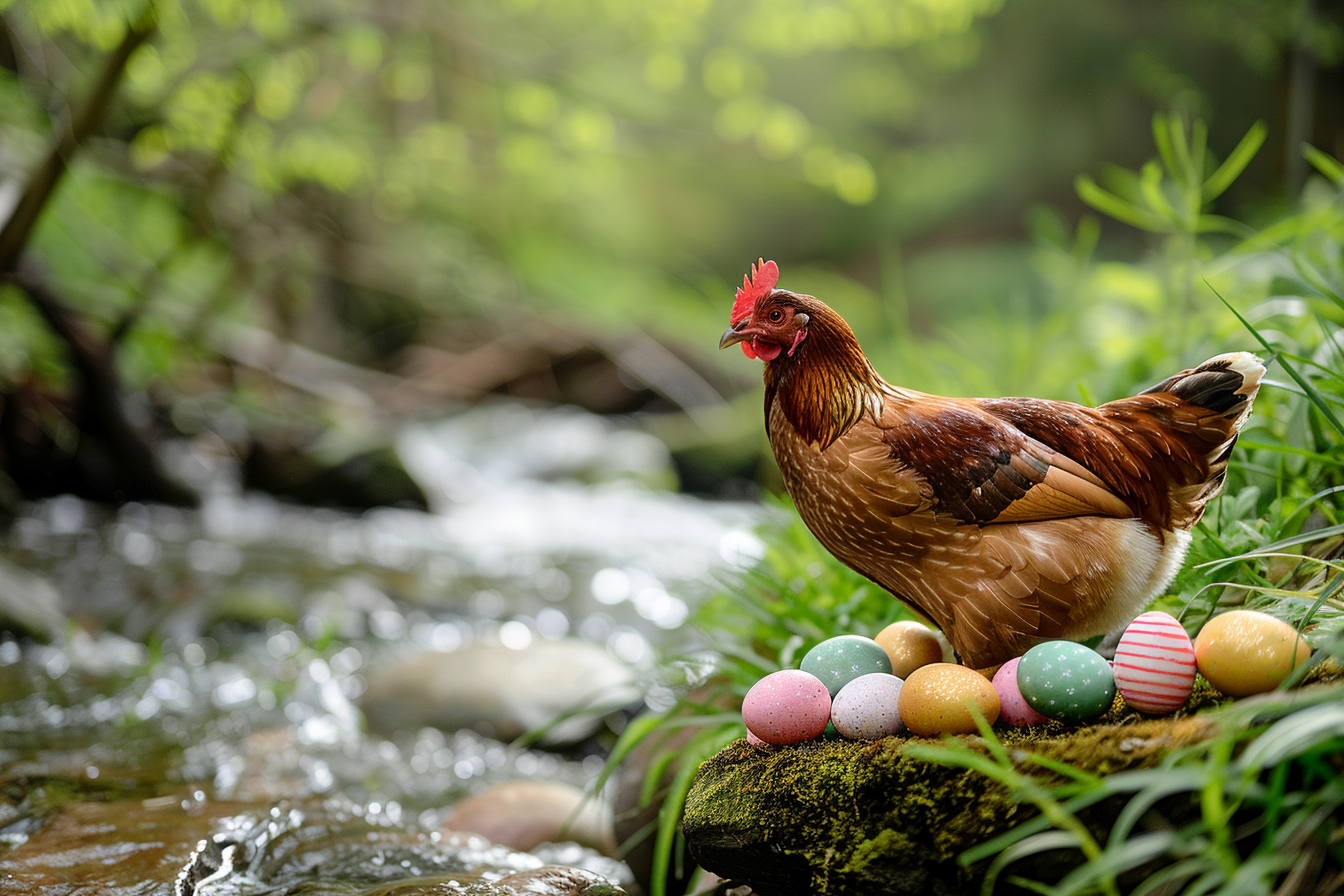 Image gratuite Poule, œufs, ruisseau scintillant, verdure 2