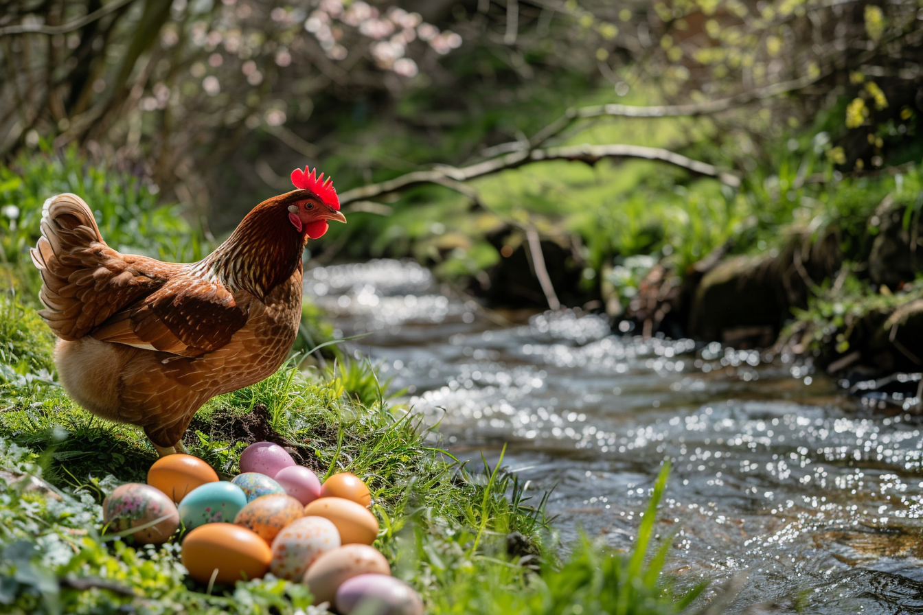 Image gratuite Poule, œufs, ruisseau scintillant, verdure 3